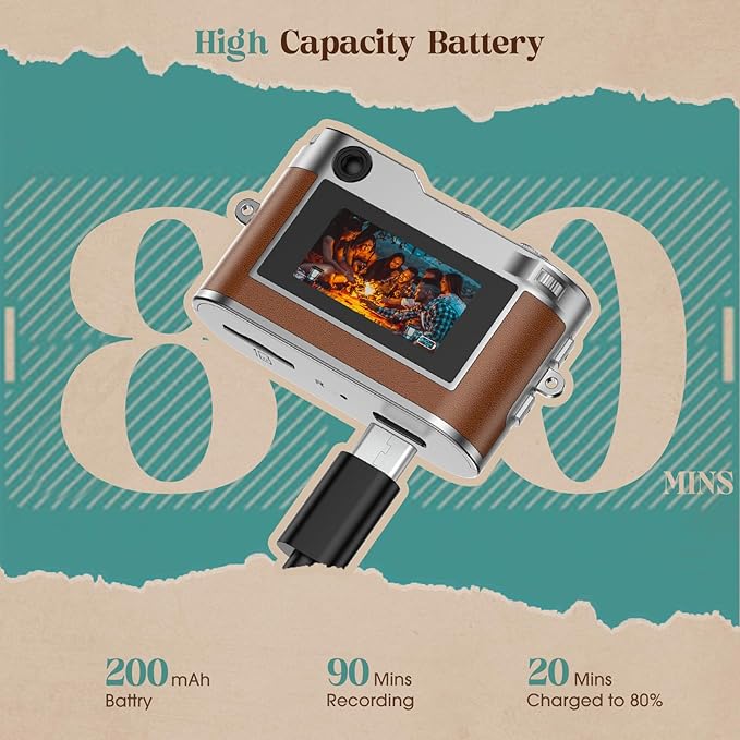 HOTU Mini Digital Camera, Keychain Camera 1080P HD with 2MP Lens, Flash, Video Recording, 32G Card Included, Portable and Compact Retro Vlog Camera for Travel, Kids, Brown