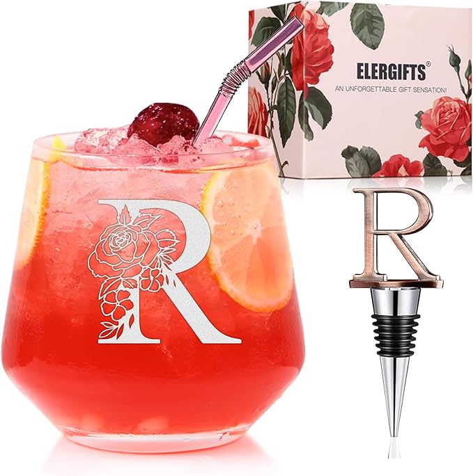 Personalized Gifts for Women, Monogrammed A-Z Wine Glass Customized Gift, Unique Wedding Birthday Gifts for Women Her Mom Friend Sister Wife Daughter Nurse - Dishwasher Safe (R)