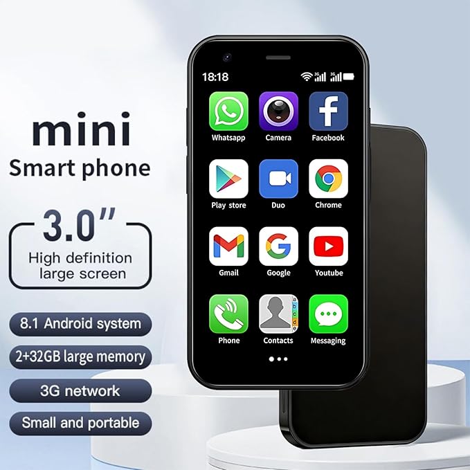 Mini Phone, 3.0 Inch Android Dual Camera Dual SIM, Mini Smartphone Unlocked, Face lD/WiFi/Bluetooth, Palm Phone for Kids, Student Pocket Cellphone,2GB +32GB (Magic Black)