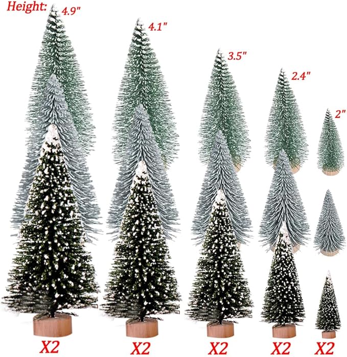 Yahpetes Christmas Tree 30 Pcs Artificial Christmas Trees Bottle Brush Trees with 5 Sizes, Sisal Snow Trees with Wooden Base for Christmas Crafting and Designing(Silver,Green,Dark Green, 30Pcs)