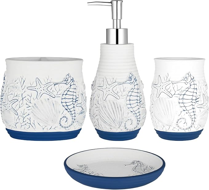 Beach Theme Bathroom Accessory Sets 4PCs Bathroom Set Complete Embossed Seashell Starfish Design Includes Lotion Dispenser Toothbrush Holder Tumbler Cup & Soal Dish