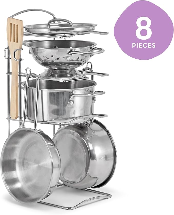 Melissa & Doug Stainless Steel Pots & Pans, 8 Piece Play Kitchen Set, Premium Play Kitchen Accessories & Cooking Utensils, Preschool Toys for Kids 3+