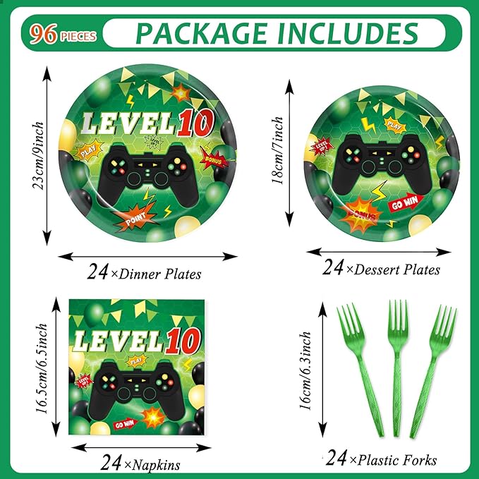96Pcs 10th Birthday Video Game Party Decorations Green 10th Plates and Napkins Tableware Set Level 10 Dinnerware Party Supplies for Boys Gamer Gaming 10 Year Old Birthday Favors Serves 24 Guests