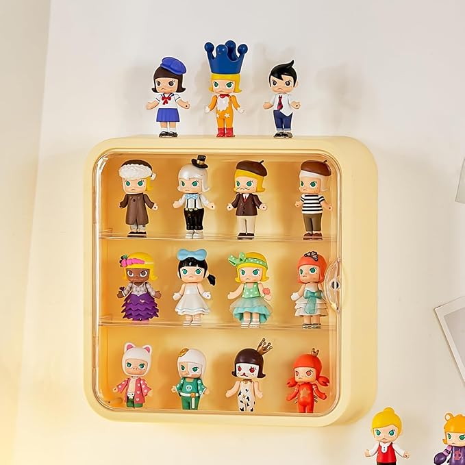 Clear Display Case for Figures, Wall Mounted Clear Display Box, 3 Tiers Adjustable Acrylic Display Box Stand with Magnetic Door for Mini Action Figures Pop Mart Collectibles, Yellow