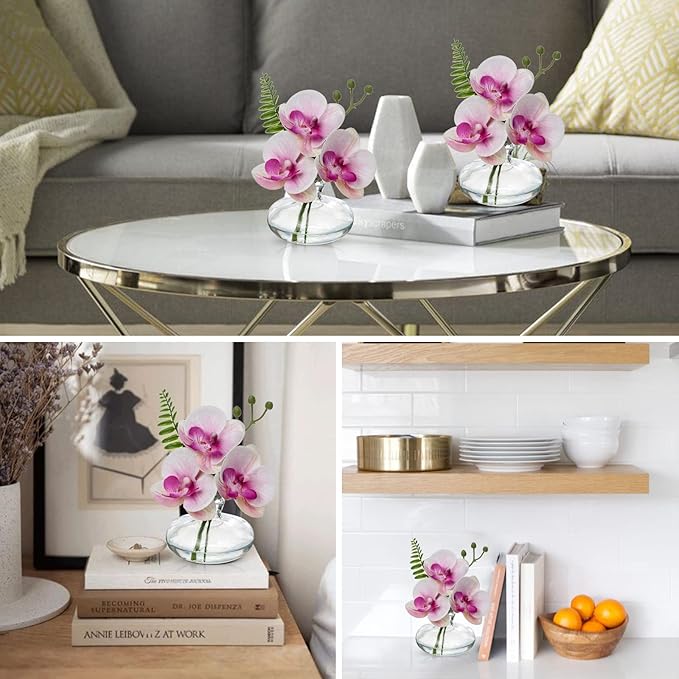 Oairse Pink Orchids Artificial Flowers Faux Orchids Arrangement in Clear Glass Vases Set of 3 Real Touch Phalaenopsis Orchid Flowers Small Fake Orchid Centerpiece for Dining Room Table