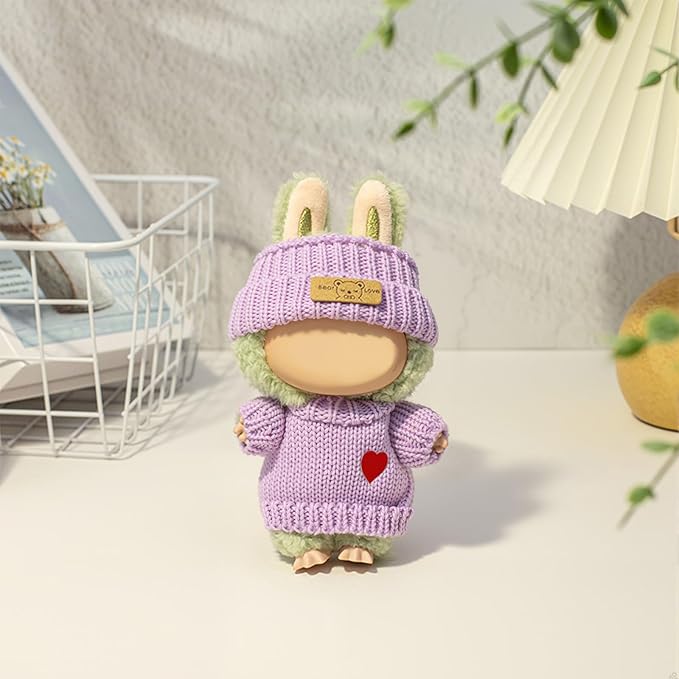 Clothes for LABUBU Doll (NO Doll), Handcrafted Crochet 3-Piece Accessories for LABUBU 17cm Dolls, Premium Outfit - Heart Sweater + Hat + Bag, Cute Clothes for Dress up Unique Style (Purple)
