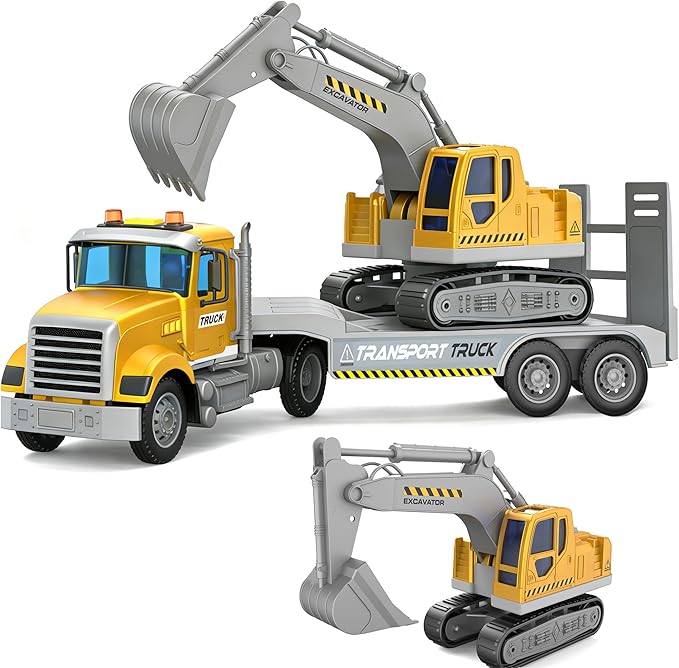 Transports Trucks Kids Toys, 22" Large Semi Truck Toy Carrier and Excavator Truck with Sound&Light,Friction Powered Cars Toys Birthday for Childs-Yellow