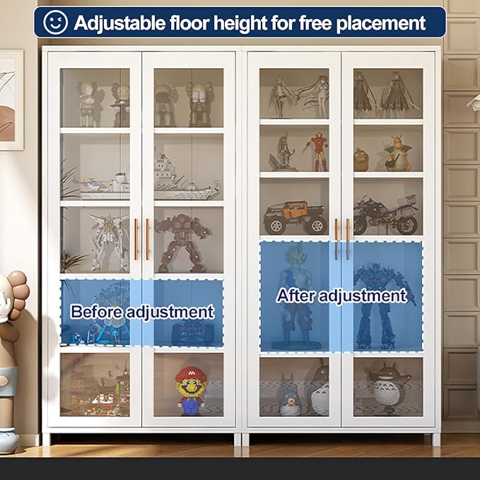 Display Cabinet with Glass Doors, 5-Tier Curio Cabinet with 4 Adjustable Shelves for Collectibles Toy Organizers Rack & Display Shelf, Kids Bookcase for Bedroom, Reading Nook, Living Room (White)