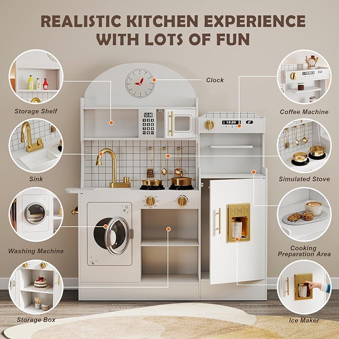 JOYDIAS Kids Play Kitchen Set, Pretend Wooden Kid Kitchen Playset Toy Kitchen w/Sound and Light, Oven, Washing Machine, Toy Coffee Station and Toddler Kitchen Accessories for Kids Age 3+