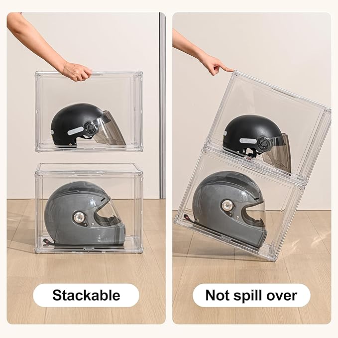 2 Pack XXX-Large Clear Display Case 17.7" x 13" x 13" Extra Large Display Organizer Box with Magnetic Door, Stackable Acrylic Storage Bin for Boots, Shoes, Collectibles, Bags, Figures