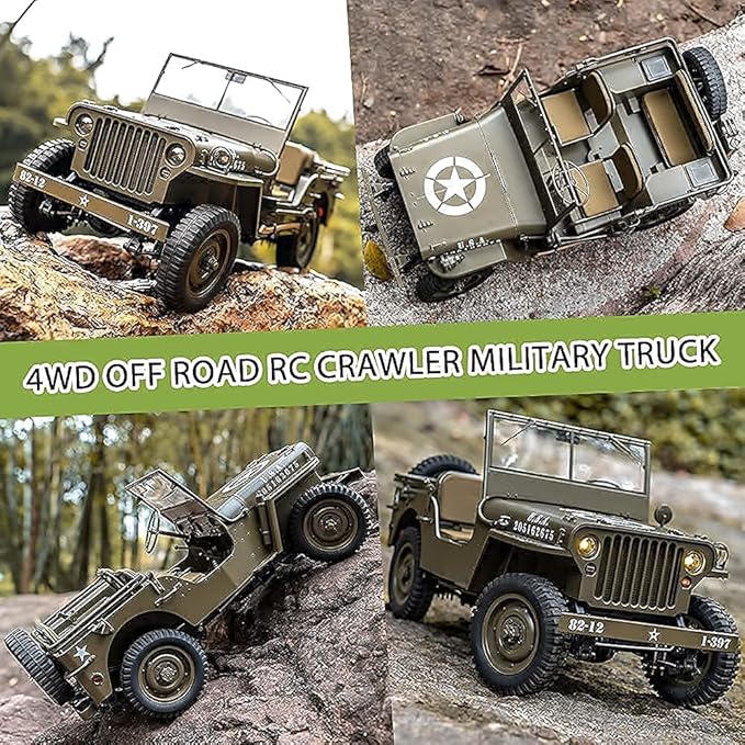 FMS Rochobby RC Car 112 1941 MB Scaler Willys Jeep Remote Control Crawler Military Truck 4x4 Offroad Vehicle with Transmitter Battery and Charger, Small, RC12001RTR Hunter Green