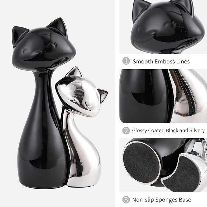 SURE YUESI Ceramic Cat Statue Set, Black & Silver Cute Home Decor Figurines, Lucky Cats Desk Accessories for Cat Lovers, Memorial Cats Themed, Modern Collectible Decor for Bookshelf, Living Room