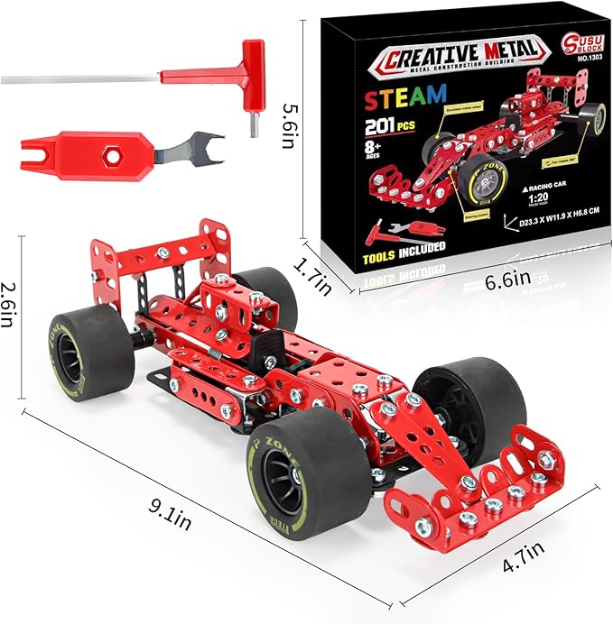 BESTYMXY Building Kit Car Model, 1:20 Scale Race Car Metal Model STEM Project Building, Assembly Toy Set STEM Projects Toys for Boys 8-12, Red Vehicle DIY Assembly Metal Model