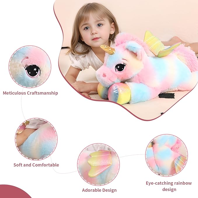 24 Inch Color Big Unicorn Stuffed Animal Plush Toy Pillow, Cute Soft Giant Unicorn with Rainbow Wings Large Doll, Gift for Children Girl Boy Kids Birthday Valentine Christmas