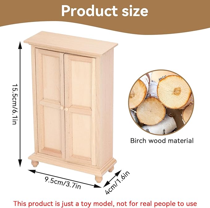 1:12 Dollhouse Wardrobe, Wooden Miniature Double Door Closet Furniture Accessory for Bedroom Living Room