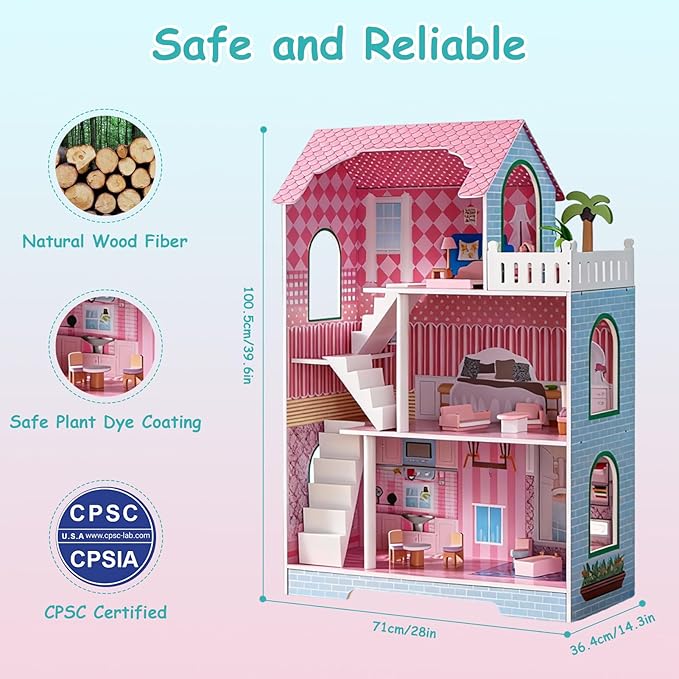 3-Tier Large Wooden Dollhouse with Furniture Set, Modern Kids Playhouse with Roof Window for 5-Inch Dolls, Creative Educational Toy for Girls Boys Ages 3 4 5+ for Imagination & Role-Play Games