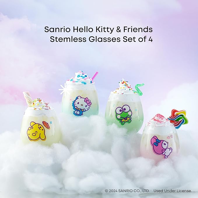 JoyJolt Hello Kitty & Friends Above the Clouds Stemless Drinking Glasses, 15 oz Ombre Glass Cup Set of 4 ft Hello Kitty Keroppi My Melody Pompompurin, Kawaii Kitchen Glassware Sets