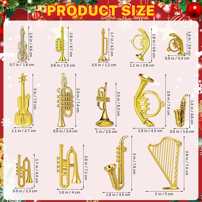 BESPORTBLE 14pcs Mini Musical Instrument Ornaments, Miniature Golden Trumpet Saxophone Harp Model Set for Christmas Tree Decor, Tiny Acrylic Instruments for DIY Crafts Dollhouse