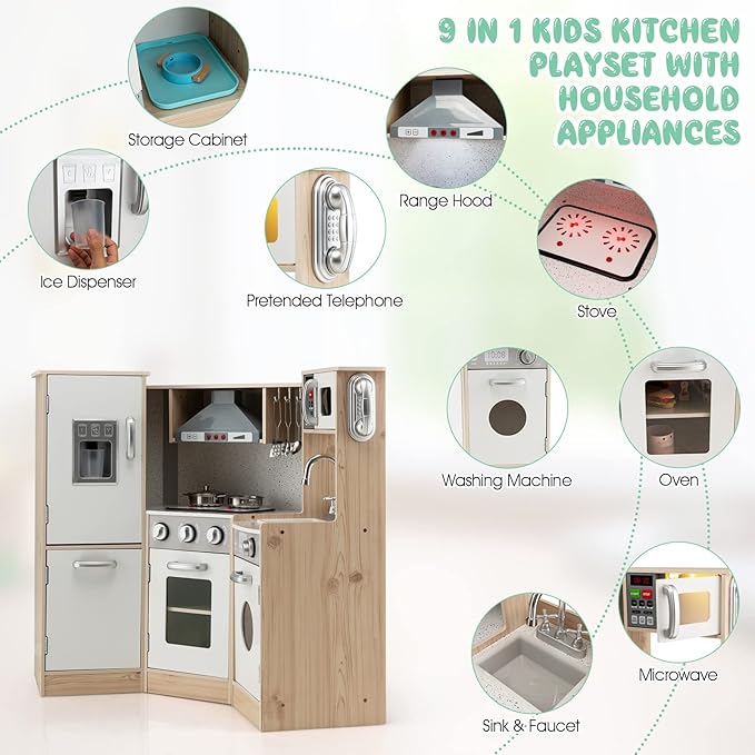 Costzon Kids Kitchen Playset, 9-in-1 Wooden Pretend Play Kitchen w/Realistic Light & Sound, Ice Maker, Washing Machine, Microwave & Stove, Toddler Kitchen Toy Set for Boys & Girls