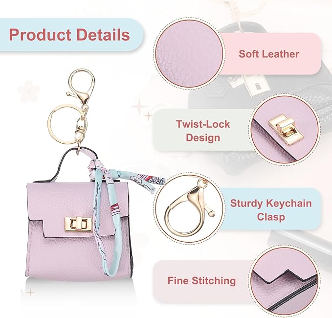 PATIKIL Mini Backpack Keychain, Cute Coin Purse Keychain PU Leather Backpack Purse Key Chain Little Earbud Bag Keychains for Women Mini Card Data Cable Organizer, Purple
