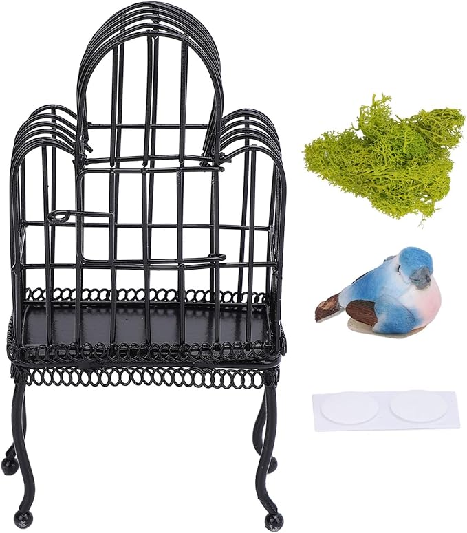 1:12 Scale Dollhouse Bird Cage Metal Miniature Bird Cage Realistic Opening Door Miniature Dollhouse Bird Cage with Fake Grass Bird Sticker (Black)