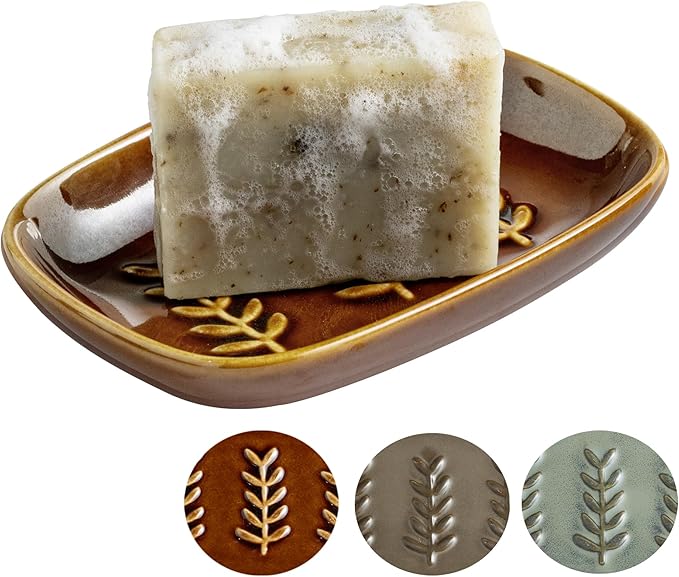 Soap Dish for Shower, Ceramic Soap Holder Soap Dishes for Bar Soap Sponge, Decorative Soap Saver Tray for Bathroom Kitchen Sink Bathtub, Pro-Environment, Extend Soap Life, Dark Brown