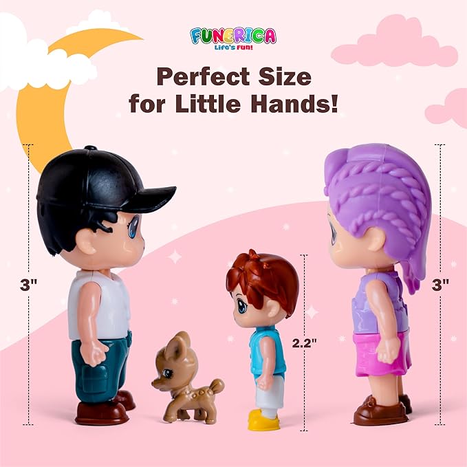 FUNERICA Dollhouse Family Figures & Pets – Bendable Play Dolls for Imaginative Fun & Doll House Play – Little People Family Set with Miniature Accessories – Made of Quality Plastic