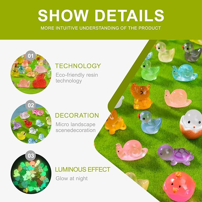 150pcs Glow in The Dark Mini Resin Animals,Bulk Miniature Figurines to Hide for Fairy Garden,Dollhouse,Aquarium & Micro Landscape DIY Decor-Tiny Resin Animals Variety Pack