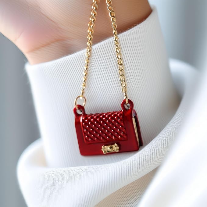 Miniature Red Quilted Handbag for 1:12 & 1:6 Scale Dollhouse, Classic Fashion Purse with Gold Chain, Realistic Diorama Accessory for Adult Collectors, Alloy Metal Construction