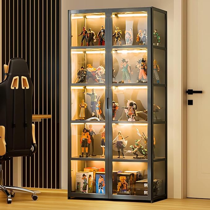 5-Tier Curio Display Cabinet with Acrylic Doors - 64” Transparent Display Case for Figures, Display Shelves for Collectibles & Storage Cabinets for Home, Office, Playroom, Living Room, Grey