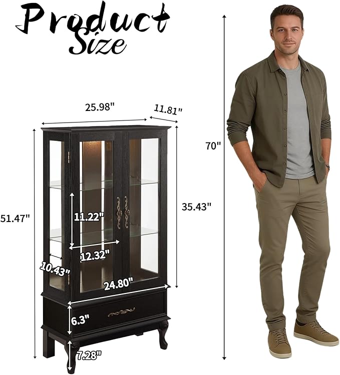 51" H Lighted Glass Curio Display Cabinet with 2 Doors & 1 Drawer, Wooden Glass Curio Showcase w/Adjustable Shelves & Mirrored Back Panel, Storage Cabinet Display Case for Living Room (Black)