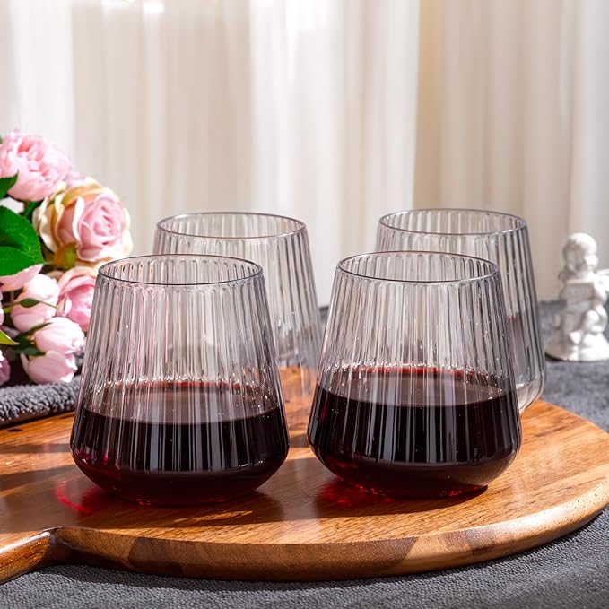 Ciaell 30 Pack Plastic Ribbed Wine Glasses - 14 OZ Thicker Origami Stemless Disposable Wine Champagne Whiskey Unbreakable Cocktail Glass, Reusable Wine Cups for Party Wedding Bar