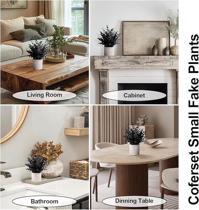 Coferset 2 Pack Black Fake Eucalyptus Small Fake Plants Potted Artificial Plants for Halloween Shelf Desk Home Farmhouse Room Coffee Table Decor Bathroom Decor (Black)