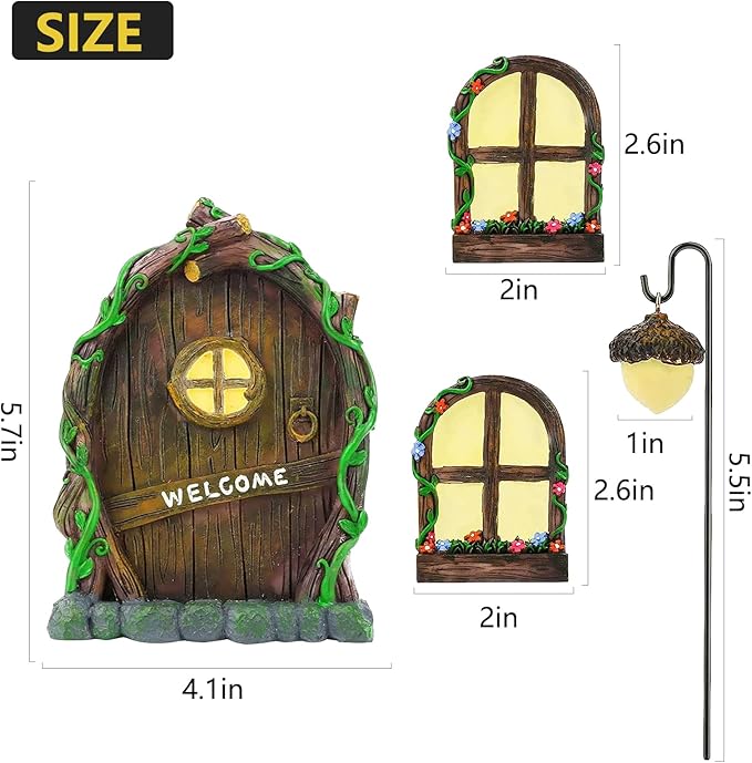 Jauay Miniature Fairy Garden Accessories: Glow in The Dark Fairy Door and Windows for Trees, Green Resin Garden Ornament with Lantern