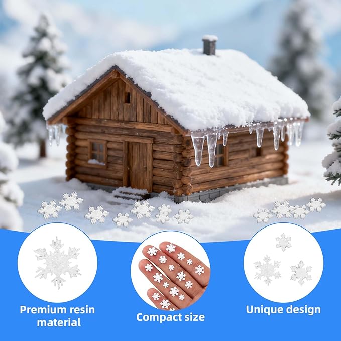 210pcs Mini Resin Snowflakes, 3 Sizes Glitter Winter Miniature Resin Snowflakes Tiny Ornaments for DIY Home Christmas Tree Micro Landscape Small Decor & Party Supplies (White)