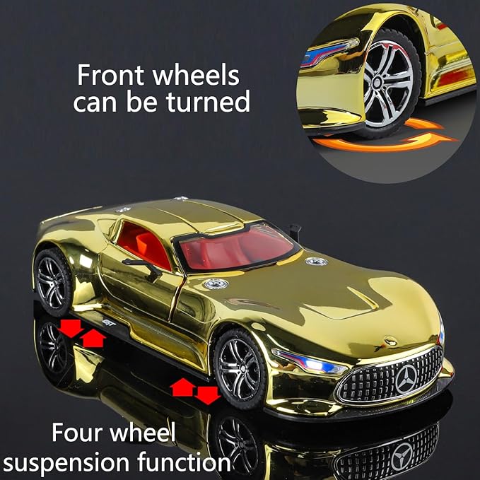 Toy Car Model 1/24 Gloden AMG Vision GT Alloy Collectible Vehicle Pull Back Die-Cast with Lights and Sound