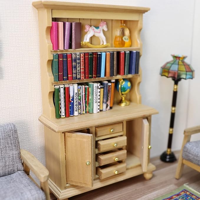 1:12 Scale Miniature Cupboard Bookshelf Classic Wooden Mini Storage Hutch Kitchen Dollhouse Bookshelf Wood Cabinet 1:12 Furniture Display Showcase Decoration Sideboard Accessories (Wood Color)