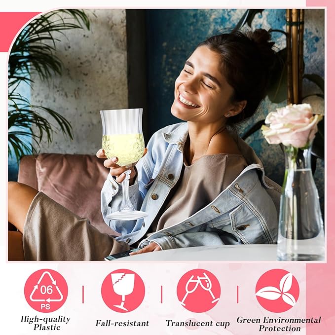 Pinkunn 6 Pcs 7 oz Plastic Vintage Wine Glasses Reusable Colored Goblets Patterned Drinking Water Glasses Cup Dishwasher Safe for Valentine's Day Wedding Reception Party Supplies (Transparent)