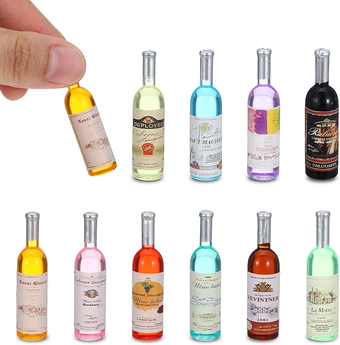 10 Pcs 1:12 Scale Mini Wine Bottles Cake Toppers Wine Drinks Decoration Beer Glass Model Mini House Drink Accessories for Dollhouse Miniature Bottles Cake Decorations