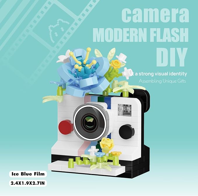 Ice Blue Film Cute Flower Camera Series Mini Building Toy Bricks Micro Blocks Kit Miniature Toys Ideal for Home Decor Desktop