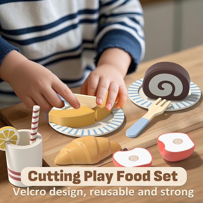 Lehoo Castle Play Food Sets for Kids Kitchen, Wooden Toys Food for Toddlers 3+, Pretend Picnic Play Set, Cutting Food Toys, Gift for Girls Boys 3 4 5 6
