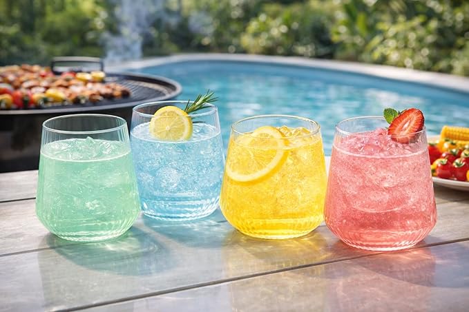 40 count Origami Ripple Unbreakable Stemless Plastic Wine Champagne Whiskey Glasses Elegant Durable Disposable Indoor Outdoor Ideal for Home, Bars, Wedding, Ribbed 12 Ounce Cups (Color Collection)