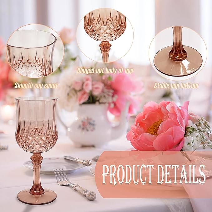Veiuwa 12 PCS Rose Gold Plastic Wine Glasses，Cordial Glasses，Goblets，Can be Used for Weddings, Everyday Fun Parties and More!