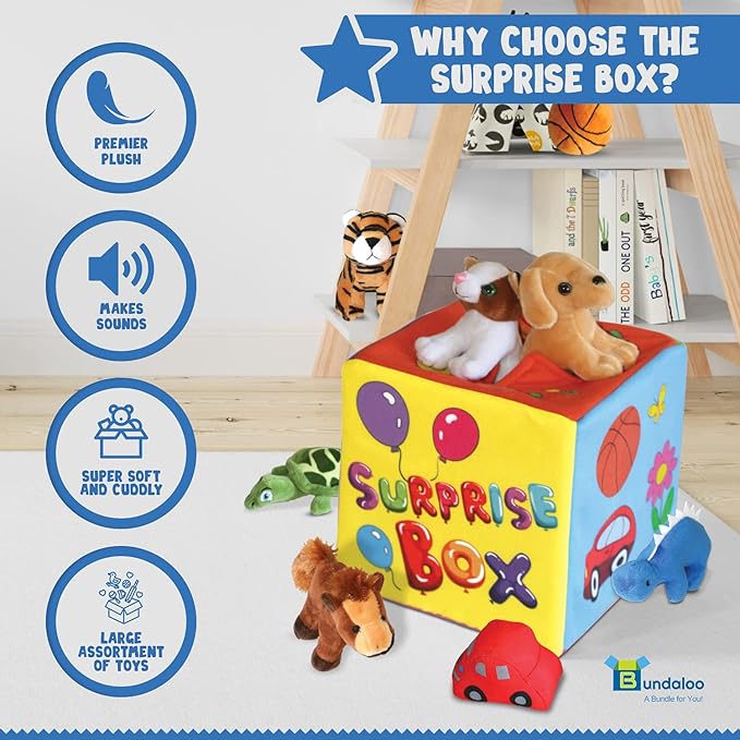 Bundaloo Surprise Mystery Box with 8 Premium Plush Toys - Soft Sensory Playset with Press to Hear Sounds, Various Plush, Stuffed Animals, Vehicles, Balls for Babies & Toddlers