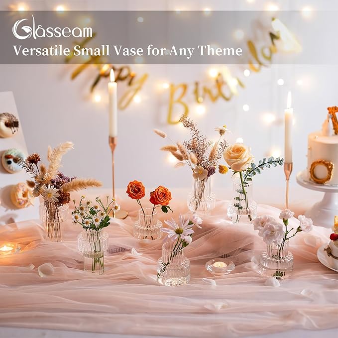 Glasseam Glass Bud Vases for Centerpieces: 16Pcs Small Clear Vase for Flowers Bulk Wedding Table Centerpieces - Modern Mini Decorations for Cute Vintage Home Living Room Decor