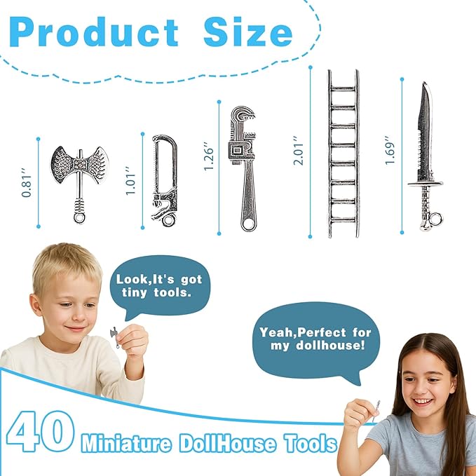 40Pcs 1/12 Dollhouse Miniature Tool Set Pretend Play Toy Party Accessories with Mini Realistic Metal Repair (Hammer,Wrench,Shovel,Scissors) for Toddlers Role-Play Educational Gift for Boys and Girls
