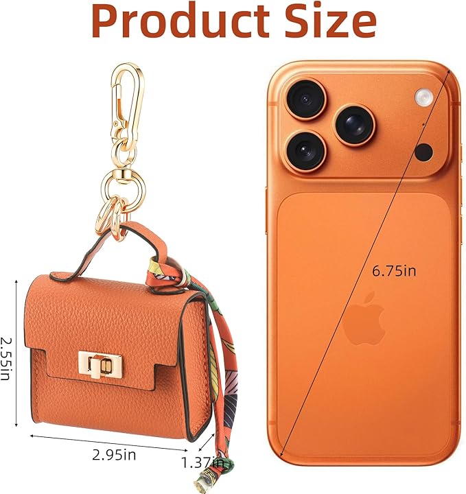 FENHIN Mini Backpack Keychain, Leather Small Coin Purse for Women, Cute Hand Bag Charms with Key Holder & Twist-lock (Orange)