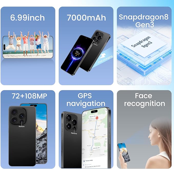 Huness I16PROMAX 16+1TB Smartphone Unlocked Cell Phone,6.99" HD Screen Unlocked Phones,Battery 7000mAh Android 14,Face ID/Fingerprint Button unlock/Photos/5G/Dual SIM/GPS (Black, 16+1TB)