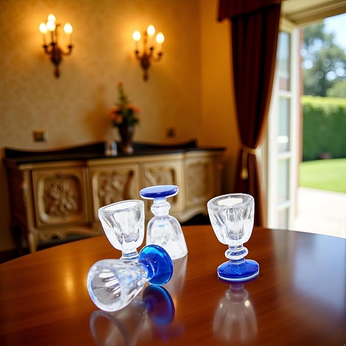 4Pcs Lovely Miniature Wine Glass Set for Dollhouse, 1:6 1:12 Scale, Ideal for Creating Realistic Dining Scenes，Dolls House Blue Stem Wine Glasses Miniature Bar Dining Room Accessory