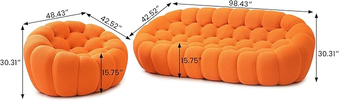 JACH 3 Seater Bubble Sofa and Single Seat Curved Couch, Comfy Upholstered Sofa, Mesh Fabric 3D Honeycomb Shape Modern Couch for Living Room, Office, Apartment, Small Space (Orange)